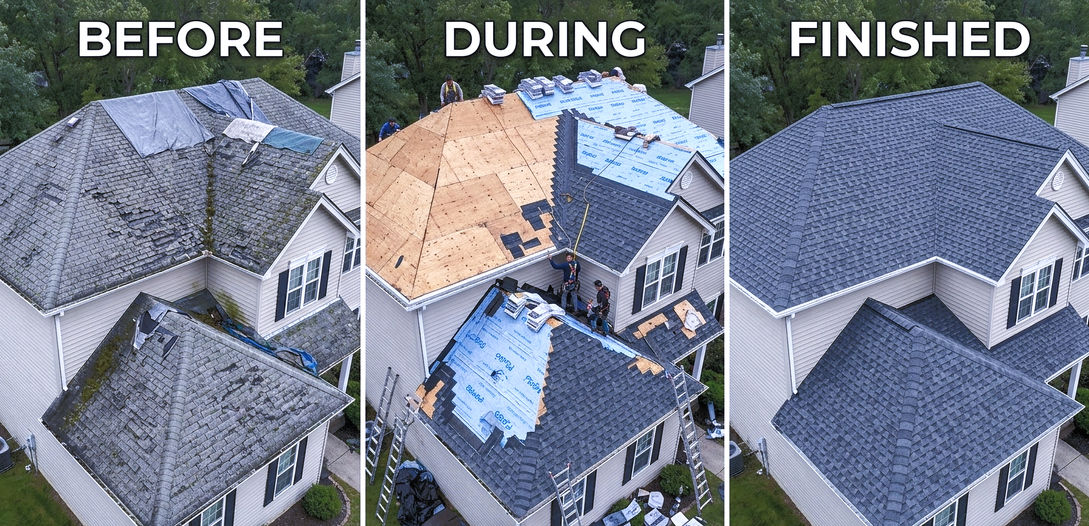 Before and after residential roof replacement completed with architectural shingles and integrated roofing protection systems by Meridian Shield Middle Tennessee. 