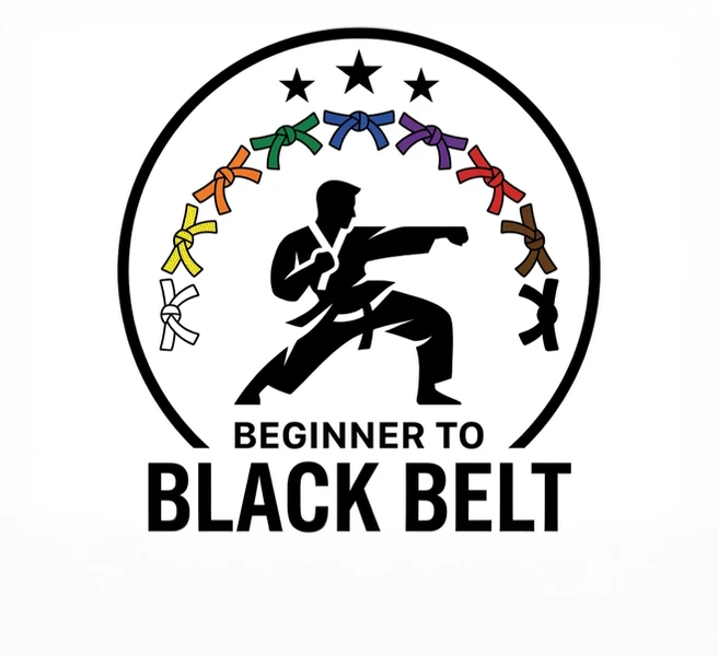 Everill’s beginner to black belt showing a martial arts stance and an array of belts from white to black