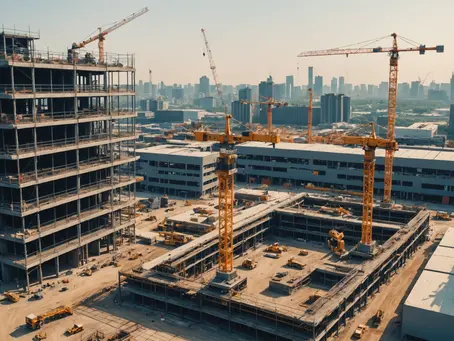 Construction site with cranes and partially built structures in a cityscape. Dusty brown ground, blue sky, and distant skyscrapers.
