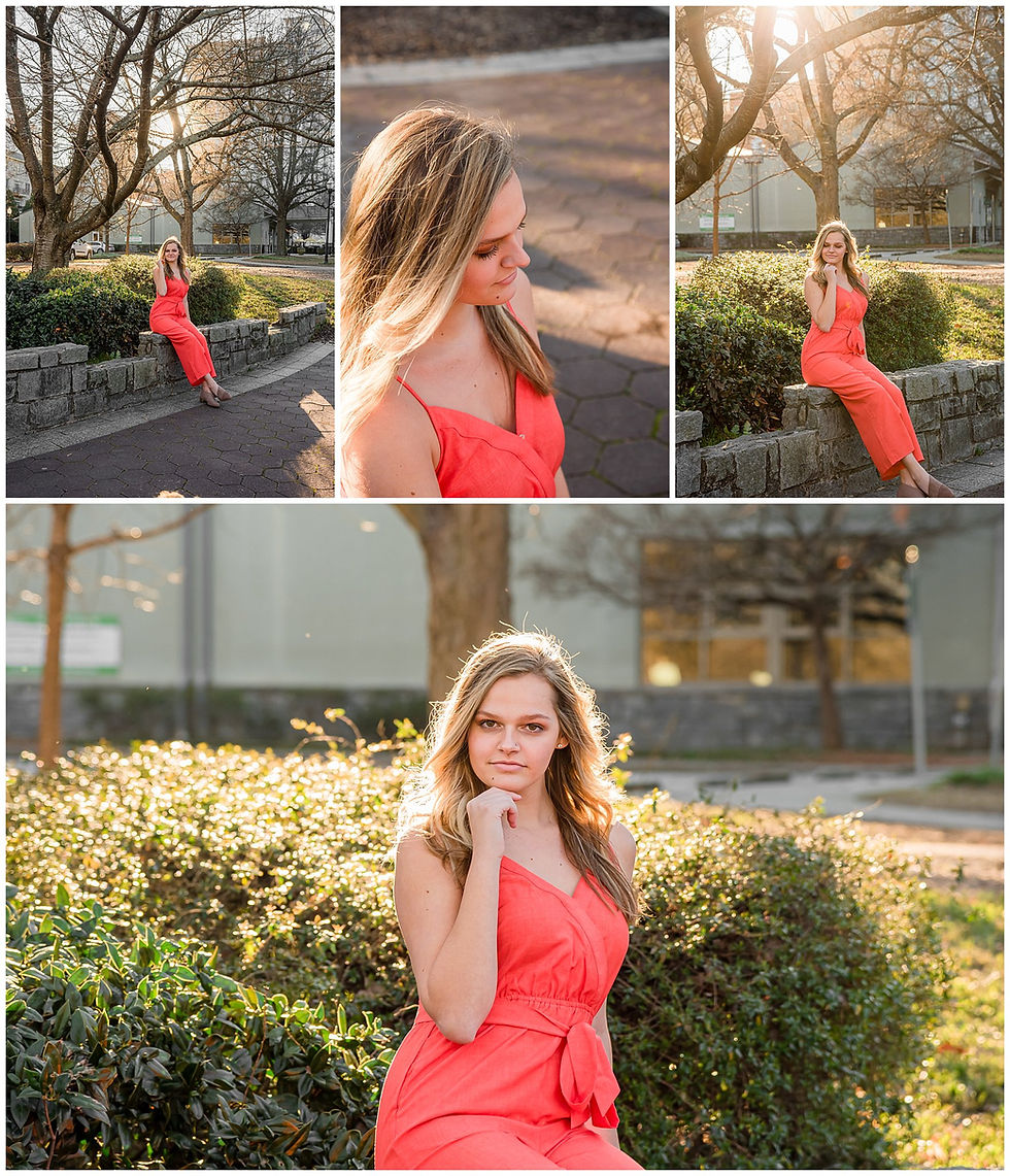 teenager in orange outfit in park for senior portraits