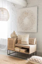 Hall bench in mango wood and woven reed, photo 1