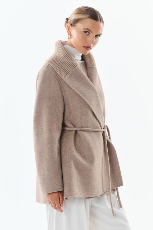 Vest in wol- en kasjmiermix met brede kraag, beige of taupe