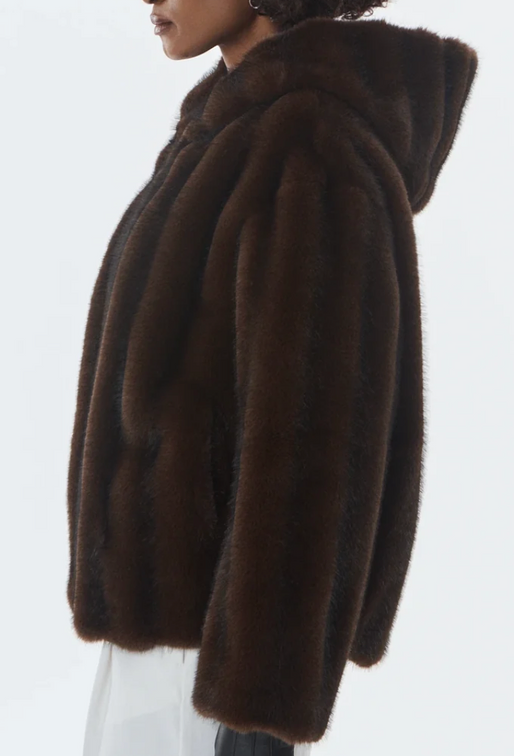 Faux fur winter coat with large hood and straight fit