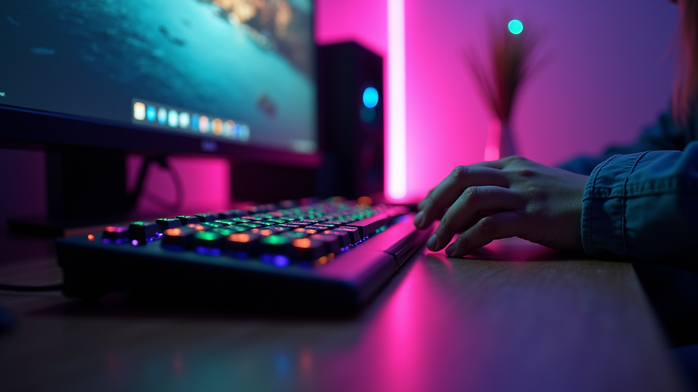 Eye-level view of a gaming setup with colorful LED lights
