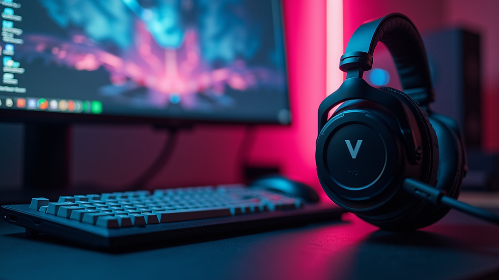 Eye-level view of a modern gaming setup with a computer and gaming accessories