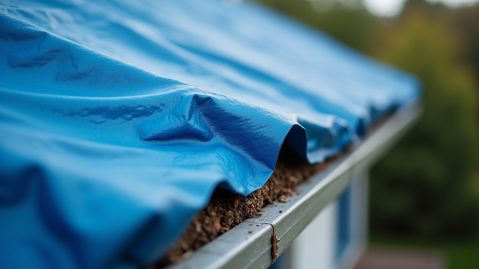 Close-up view of a blue tarp covering roof damage