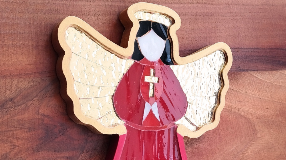 Red Mosaic Angel Holding Cross