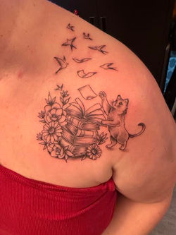 Fine Line Cat with Books going into Birds