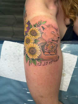 Lioness and Tiger Cub with Sunflowers