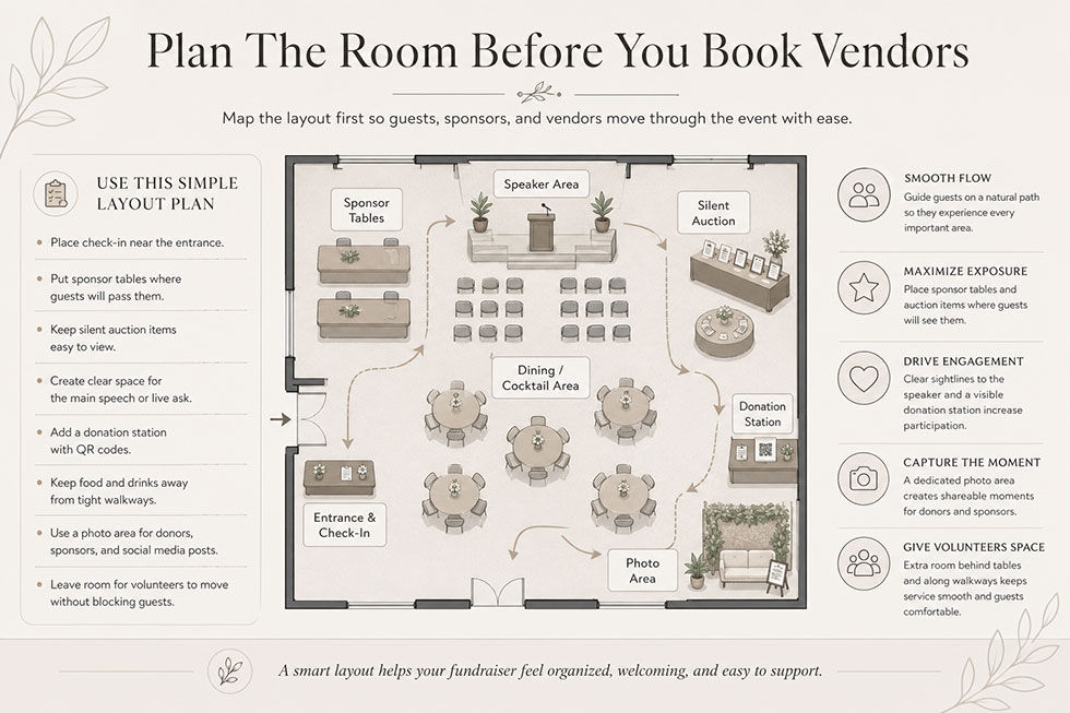 an infographic showing how to layout a room for a fundraiser.