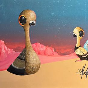 Three pigeons in front of pink rocks, one of them a different style than the other two.