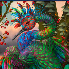 Multicolored bird looking suspiciously at the viewer, surrounded by trees with red berries