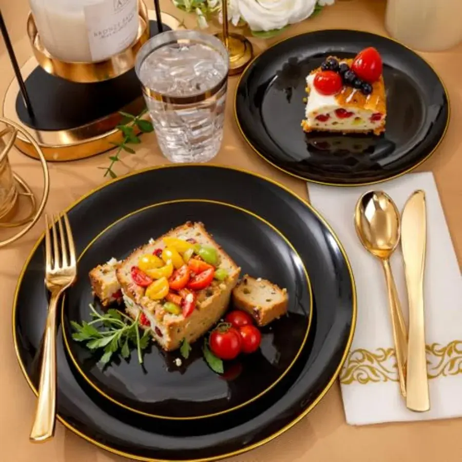 Thumbnail: 350pc Black Gold Plastic Dinnerware Set Elegant Party Banquet Wedding Decoration