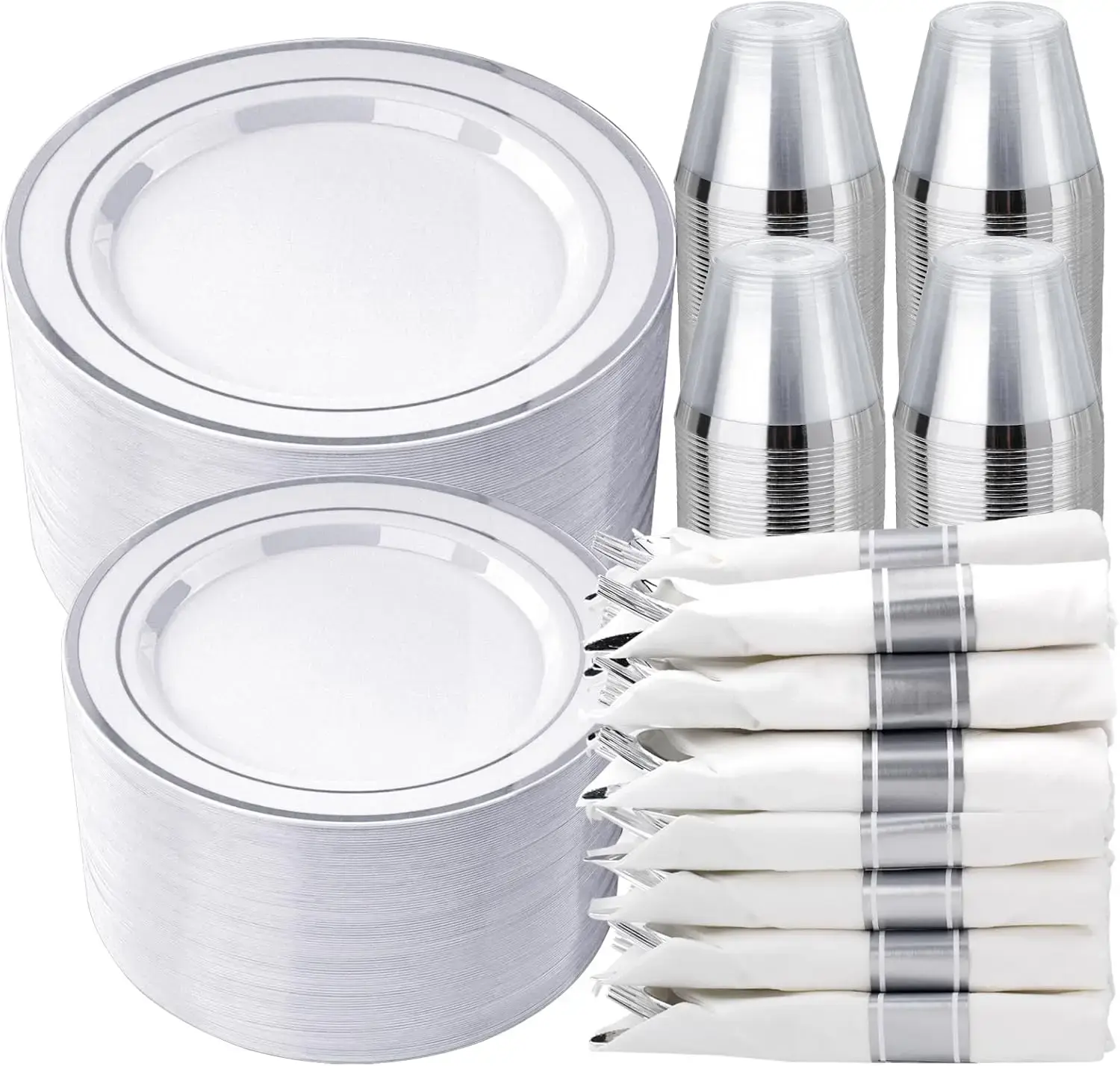 50 Guest White Silver Disposable Dinnerware Set Party Banquet Supplies