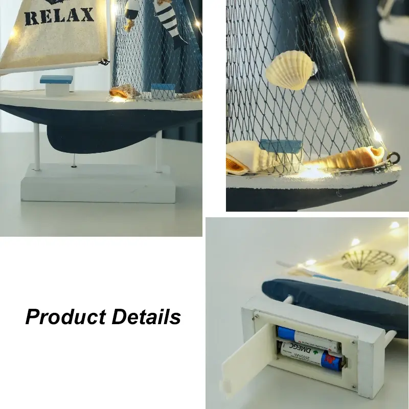 Thumbnail: Wooden LED Sailboat Model Nautical Decoration Birthday Party Home Decor Gift
