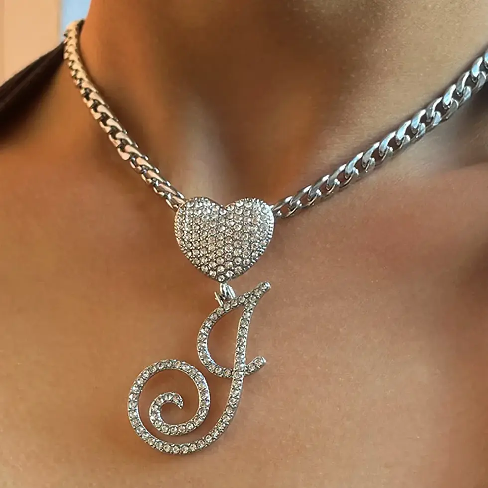 Thumbnail: New Heart Pendant Cuban Necklace A-Z Cursive Letter Initial Women Chain Jewelry