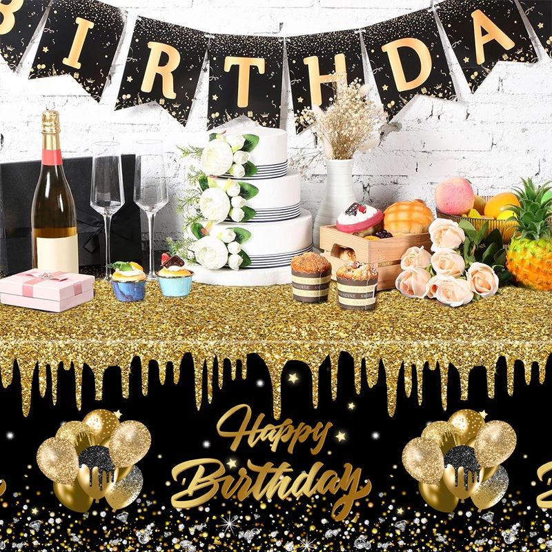 Thumbnail: Black Gold Plastic Tablecover Disposable 220x130cm Birthday Party Decorations