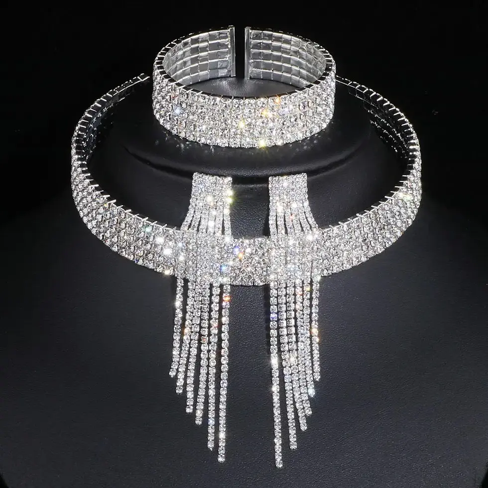 Thumbnail: Jewelry Set Classic Elegant Tassel Crystal Rhinestone Event Wedding Necklace Set