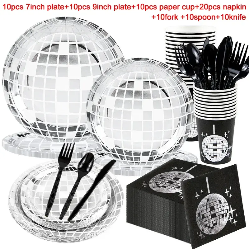 Silver Disco Ball Tableware Set New Year Birthday Party Plates Napkin Cups Decor