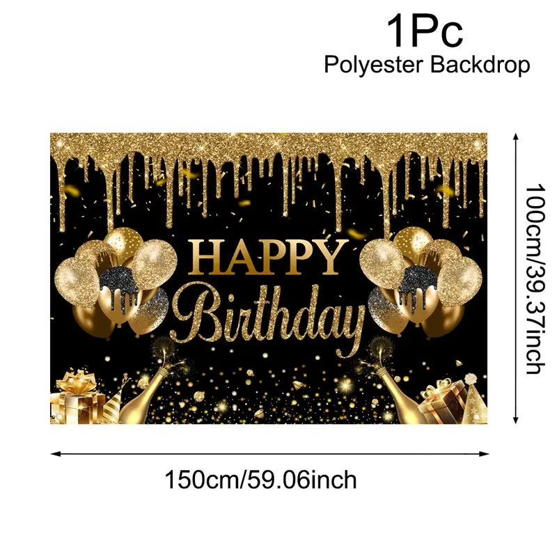 Thumbnail: Black Gold Glitter Birthday Party Polyester Background Cloth Backdrop Banner