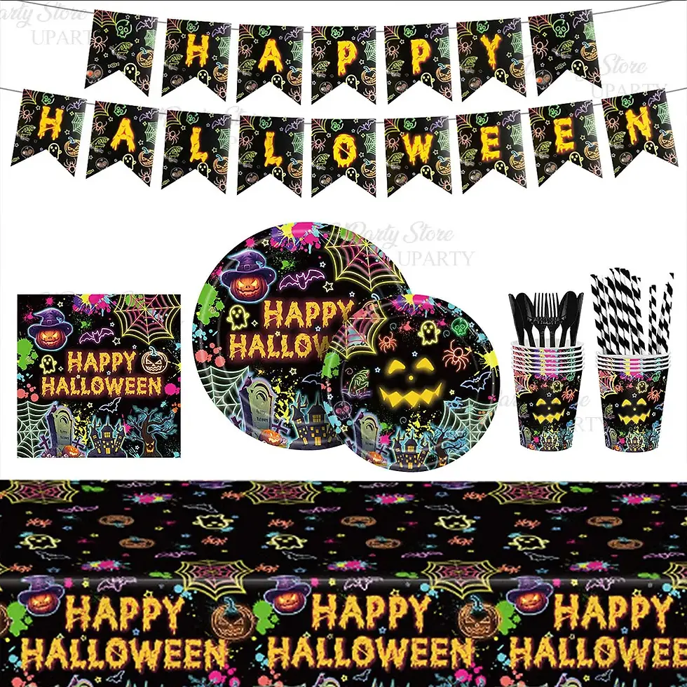 Thumbnail: 18 Guests Halloween Party Plates Napkins Disposable Cups Tablecloth Tableware