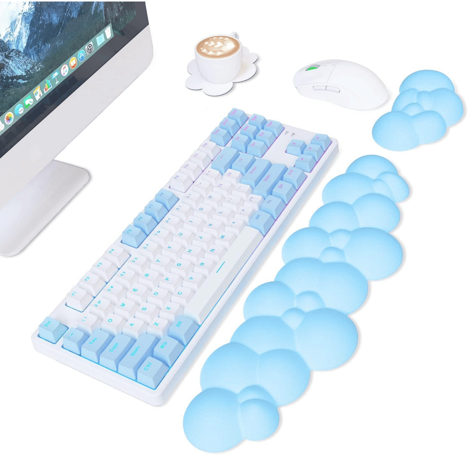 Set Reposamuñecas Pad Teclado Y Mouse Ergonomico Nube Azul