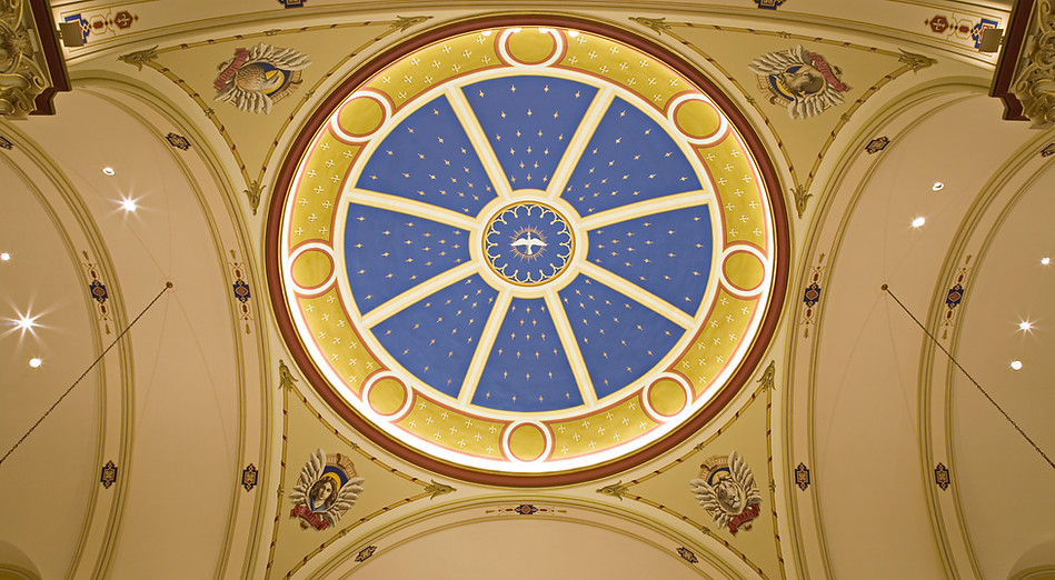 Hand-painted icons, stenciling, decorative painting, and metal leaf on the dome and vaulted ceiling of Mount St. Mary's Chapel of the Immaculate Conception