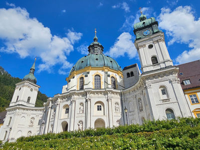 The towers of Ettal Abbey above the village