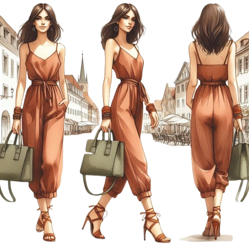 Une combinaison brun orangé Burnt Sienna portée avec un sac vert doux, des sandales en cuir fauve et des lunettes écaille crée un look bohème chic. Plusieurs bracelets en micro-macramé brun et cannelle portés ensemble renforcent l’esprit artisanal.  Les accessoires en cuir brun et les textures brutes renforcent l’esprit bohème et chaleureux de la silhouette.