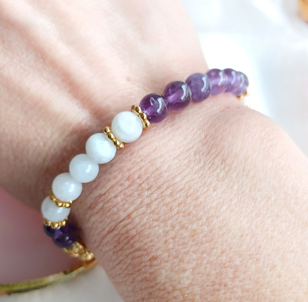 Miniature : Bracelet 17 CM. Perles naturelles améthyste et pierre de lune 6 MM