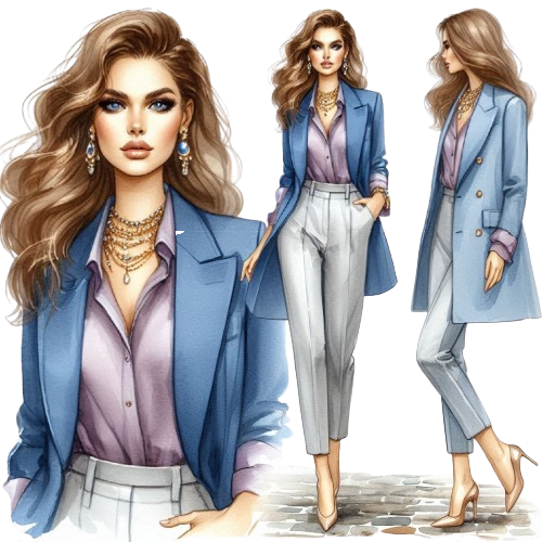 Illustration mode de femmes vêtues de pièces automne-hiver 2025–2026, dont une jupe plissée Crown Blue associée à un pull torsadé brun, illustrant l’élégance intemporelle de ce bleu profond