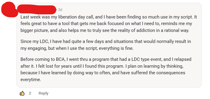 Client saying "Last week was my liberation day call, and I have been finding so much use in my script. It feels great to have a tool that gets me back focused on what I need to, reminds me my bigger picture, and also helps me to truly see the reality of addiction in a rational way.
Since my LDC, I have had quite a few days and situations that would normally result in my engaging, but when I use the script, everything is fine.
Before coming to BCA, I went thru a program that had a LDC type event, and I relapsed after it. I felt lost for years until I found this program. I plan on learning by thinking, because I have learned by doing way to often, and have suffered the consequences everytime"