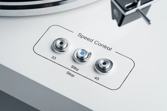 Pro-Ject Turntable Speed control details  in Silver and White