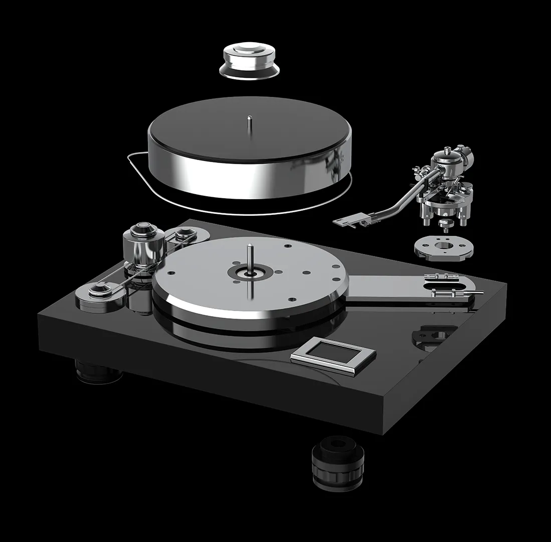 Pro-Ject Turntable Exploded View in silver and black