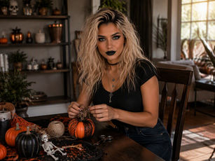 Syn decorating a small pumpkin with black lace at a table filled with Halloween craft supplies.