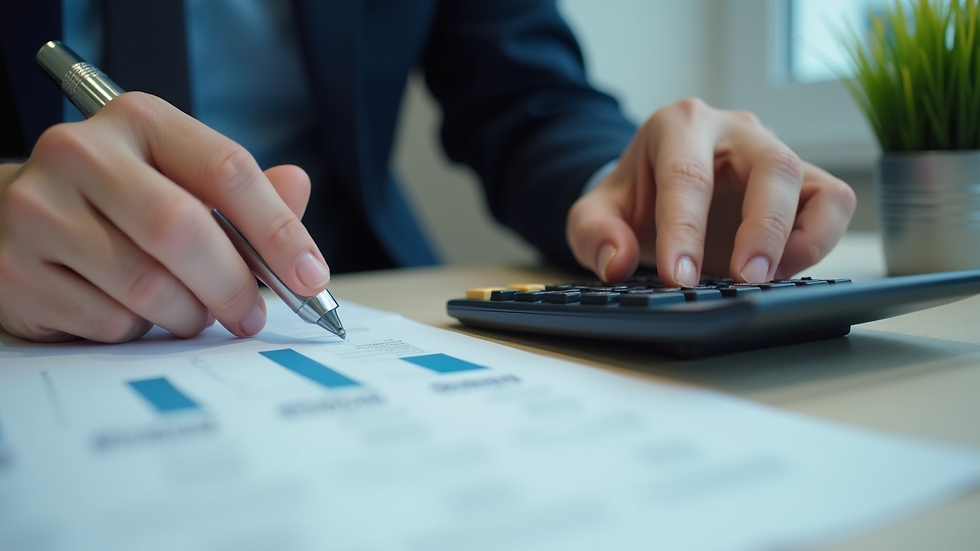 Close-up view of a person reviewing financial documents with a calculator