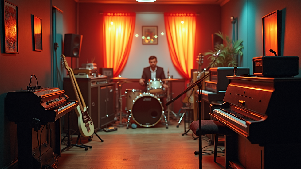 Eye-level view of a vibrant music studio filled with instruments