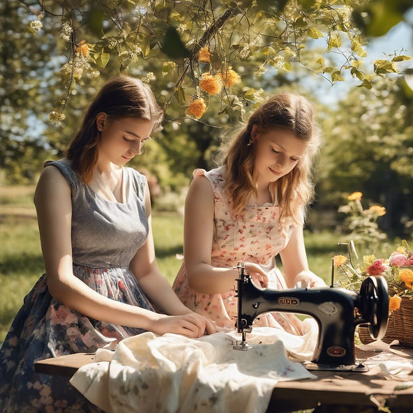 young ladies sewing in the sunshine with trees and flowers.jpg