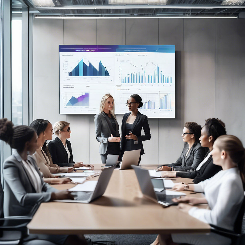 A diverse group of confident women executives in a modern conference room, collaborating a