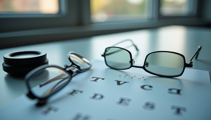 Close-up view of an eye chart with binocular vision testing tools