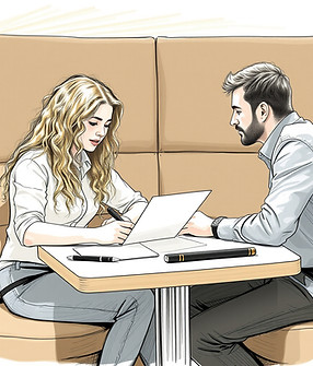 University student working with a tutor that has long blonde curly hair sat at a table in