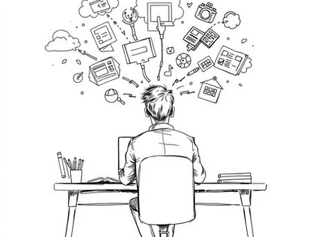 A person sat at a desk with though clouds above their head