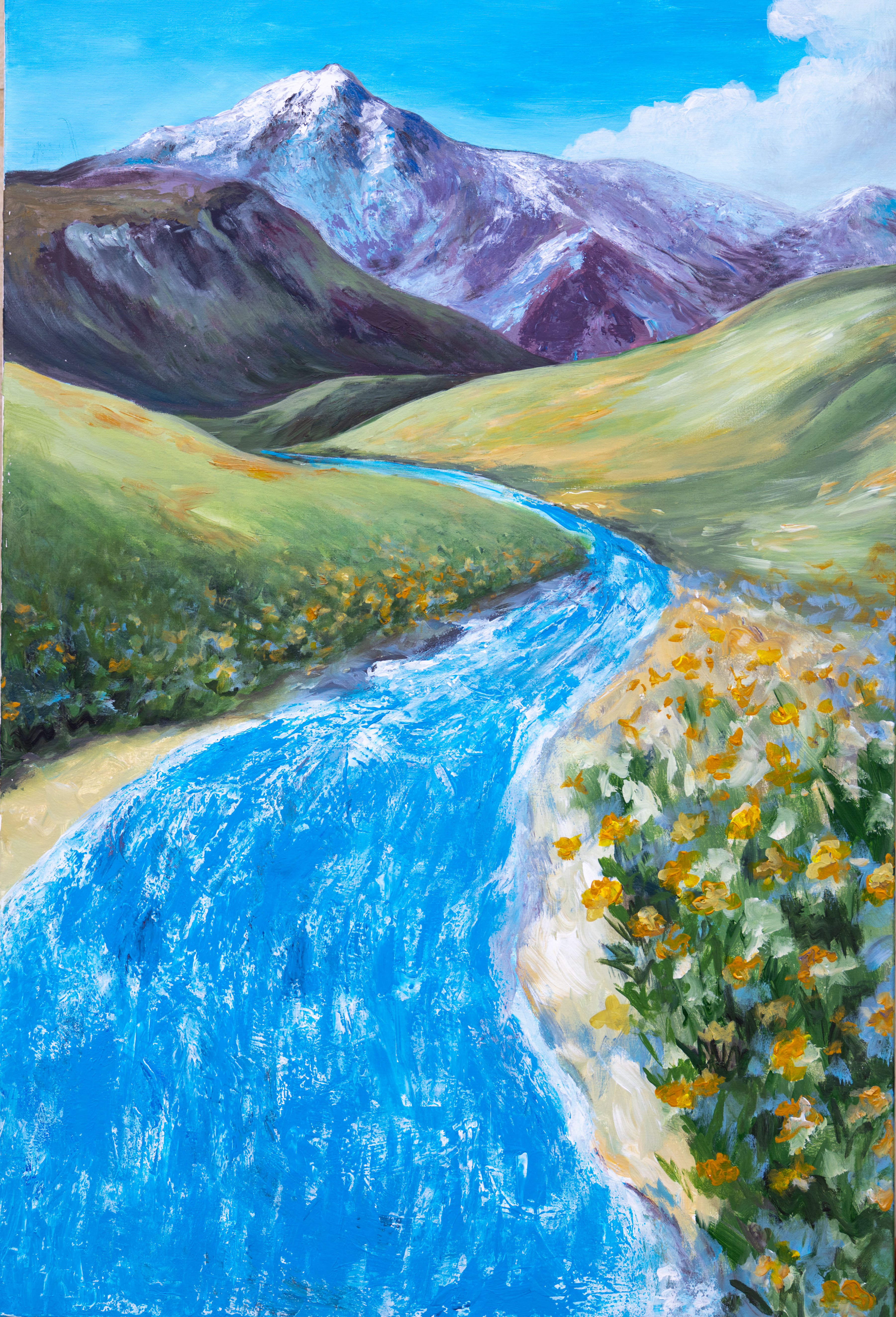 Landscape painting of swift river and snowy mountains with flowers on the shore, impasto acrylic on canvas