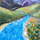 Thumbnail: Landscape painting of swift river and snowy mountains with flowers on the shore, impasto acrylic on canvas