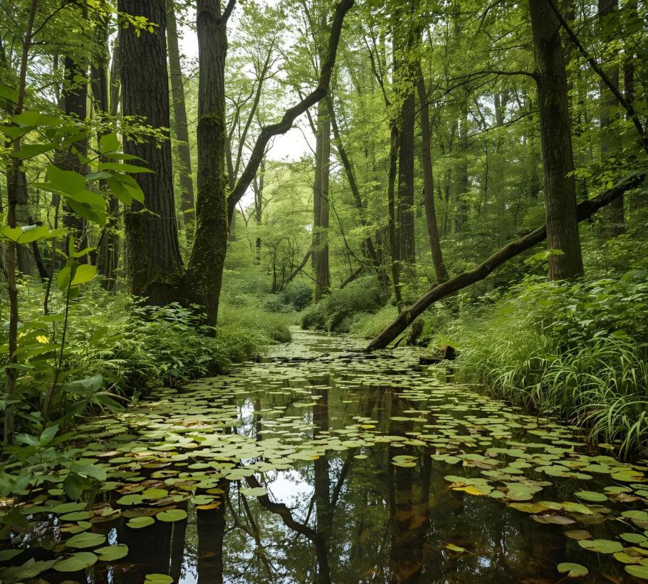 a forest with a river running through it