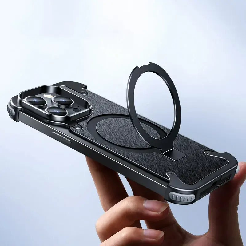 Light Weight Leather Metal Megsafe Phone Case For iPhone 15 Pro Max