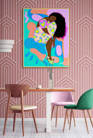 Beautiful Vibrant artwork of peaceful woman. The artwork is on a pink dining wall.