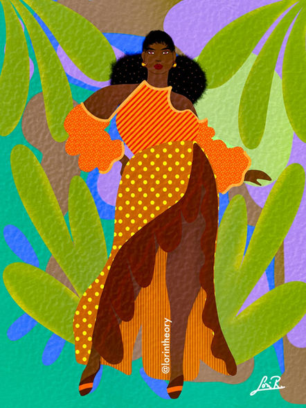 Beautiful vibrant artwork of African American woman in a stylish dress surrounded by plants
