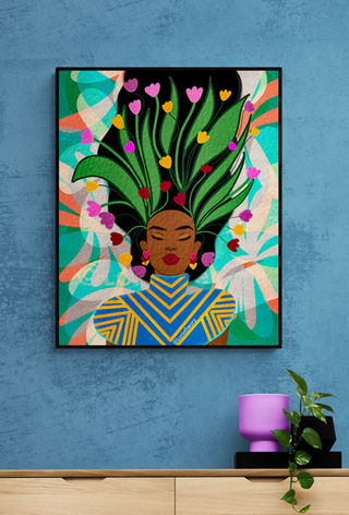 Beautiful vibrant artwork of peaceful African American Black woman. The woman has  her hair up. There are flowers and leaves in her hair. The artwork is on a blue wall in a living room decorated with a purple flower pot.