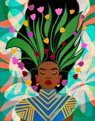 beautiful vibrant artwork of African American Woman with flowers growing out of her hair